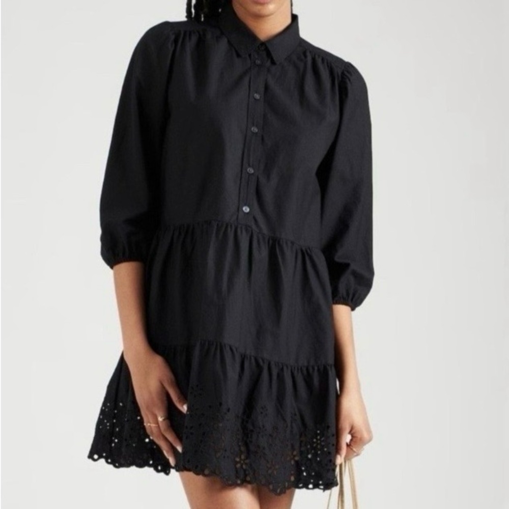 GAP Black Mini Dress Eyelet Tiered 3/4 Sleeve Pockets Collar Cotton Size L